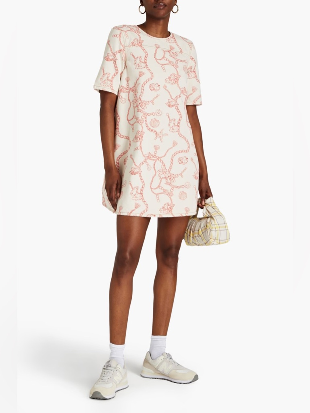 Ganni RARE Lobster Seashell Print Nautical Denim Mini Dress 4 Cream Red Shift - Picture 4 of 16